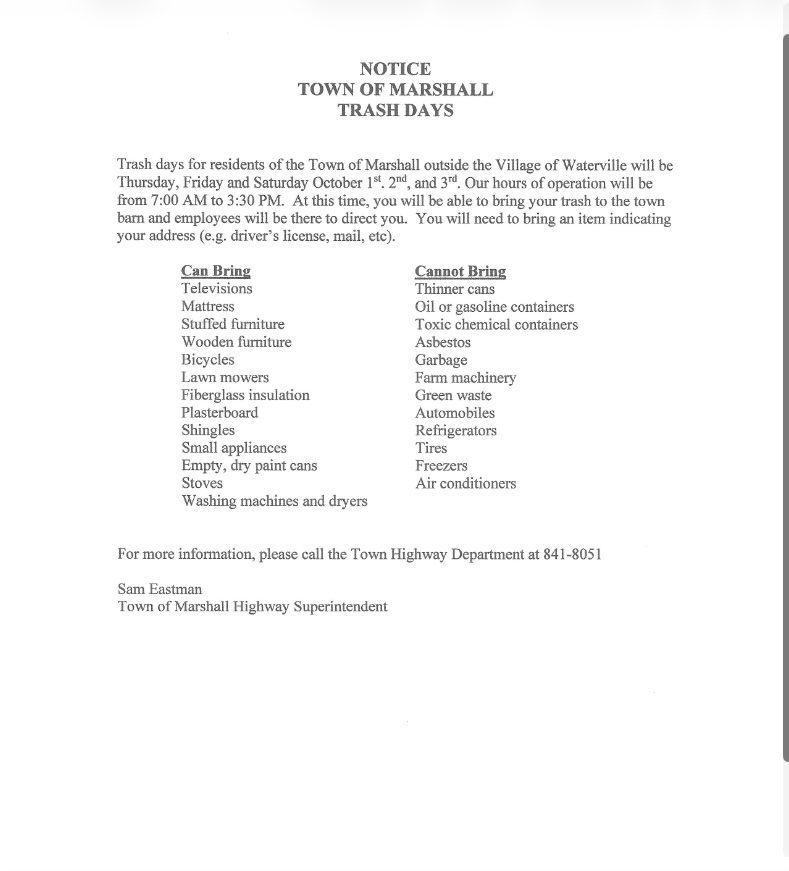 Trash Days - Town of Marshall Opens to PDF for full details
